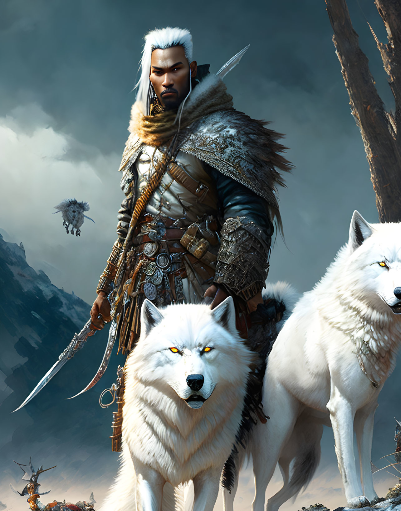 White-haired warrior with scar stands with wolves in snowy landscape, wielding sword