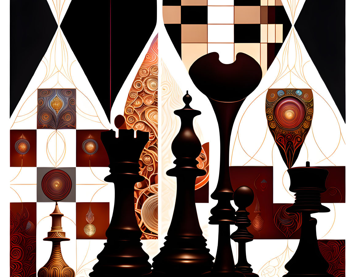 Abstract geometric chess pieces in black, white, and warm tones