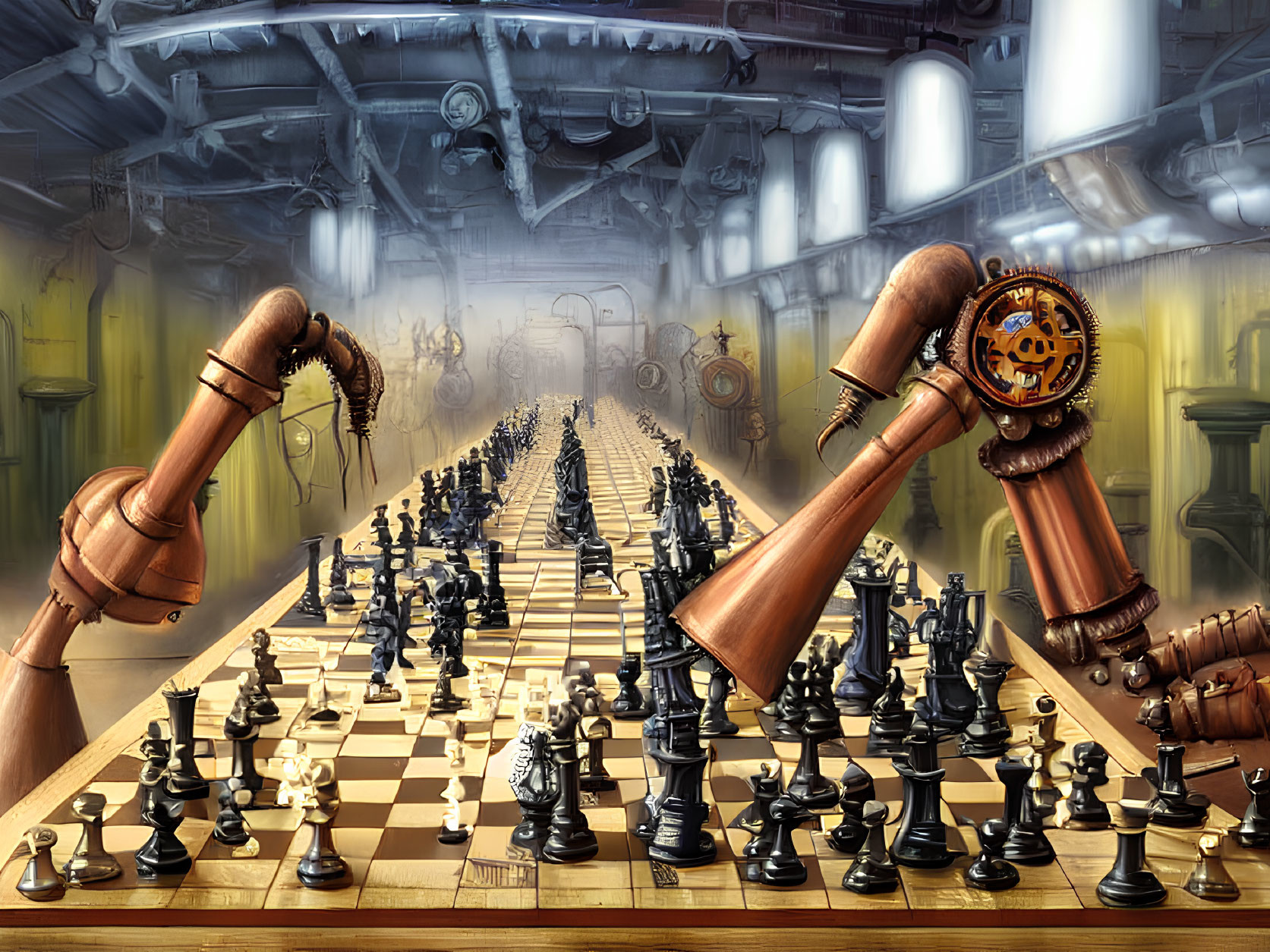 Steampunk digital art of mechanical arms playing chess in industrial setting