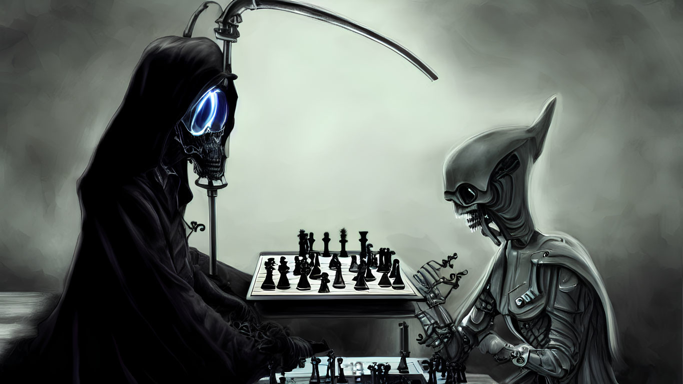 Grim Reaper with Glowing Blue Eye Playing Chess with Alien in Dark, Misty Scene