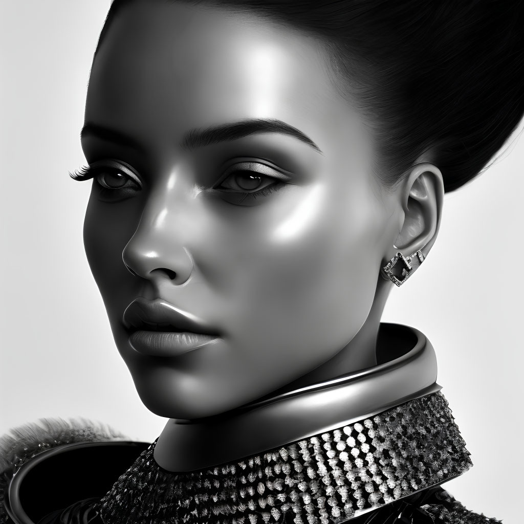 Monochrome image of a woman with slicked-back hair, bold makeup, metallic choker, and