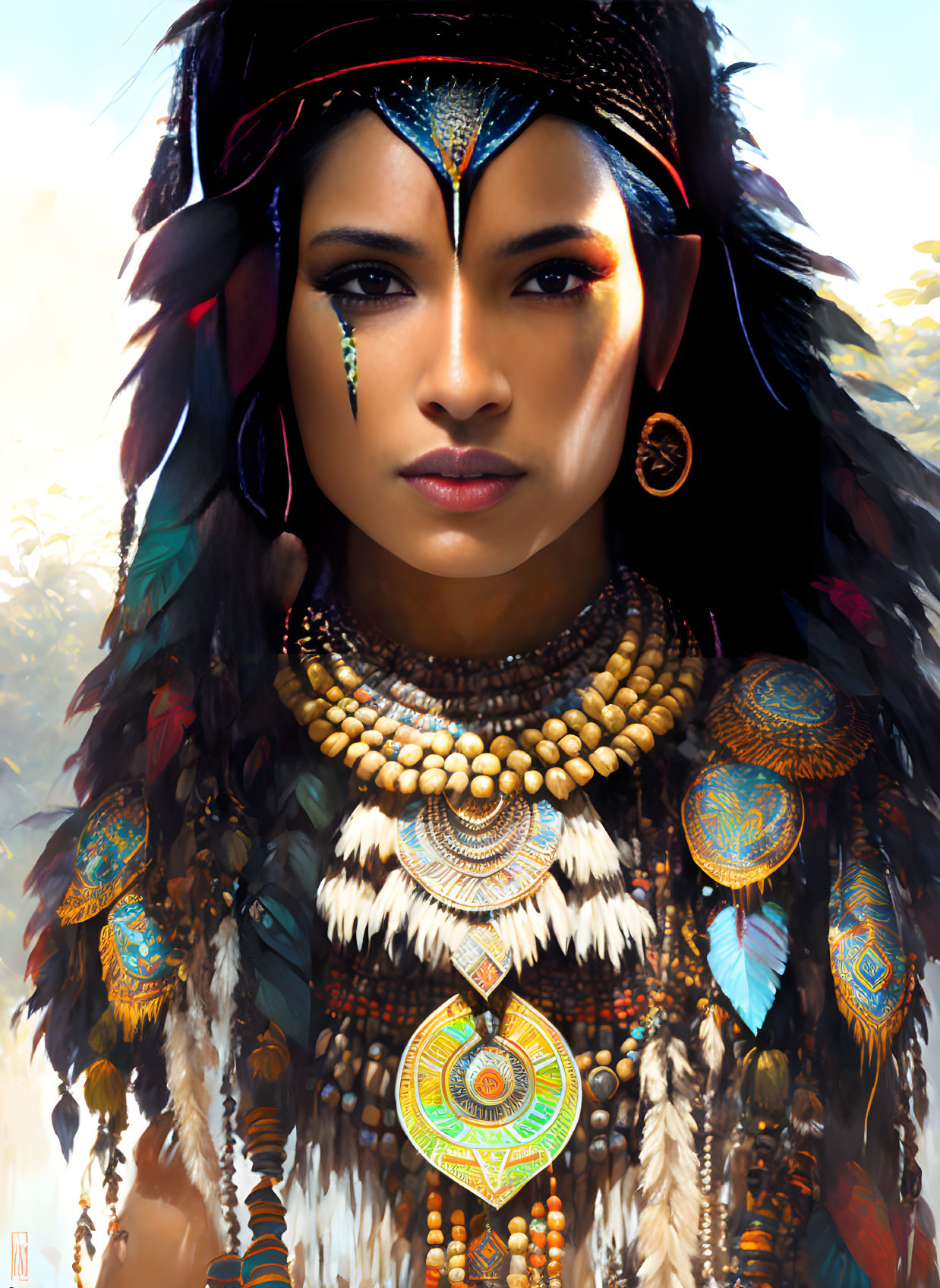 Traditional Attire Woman Portrait with Decorated Headdress and Face Paint