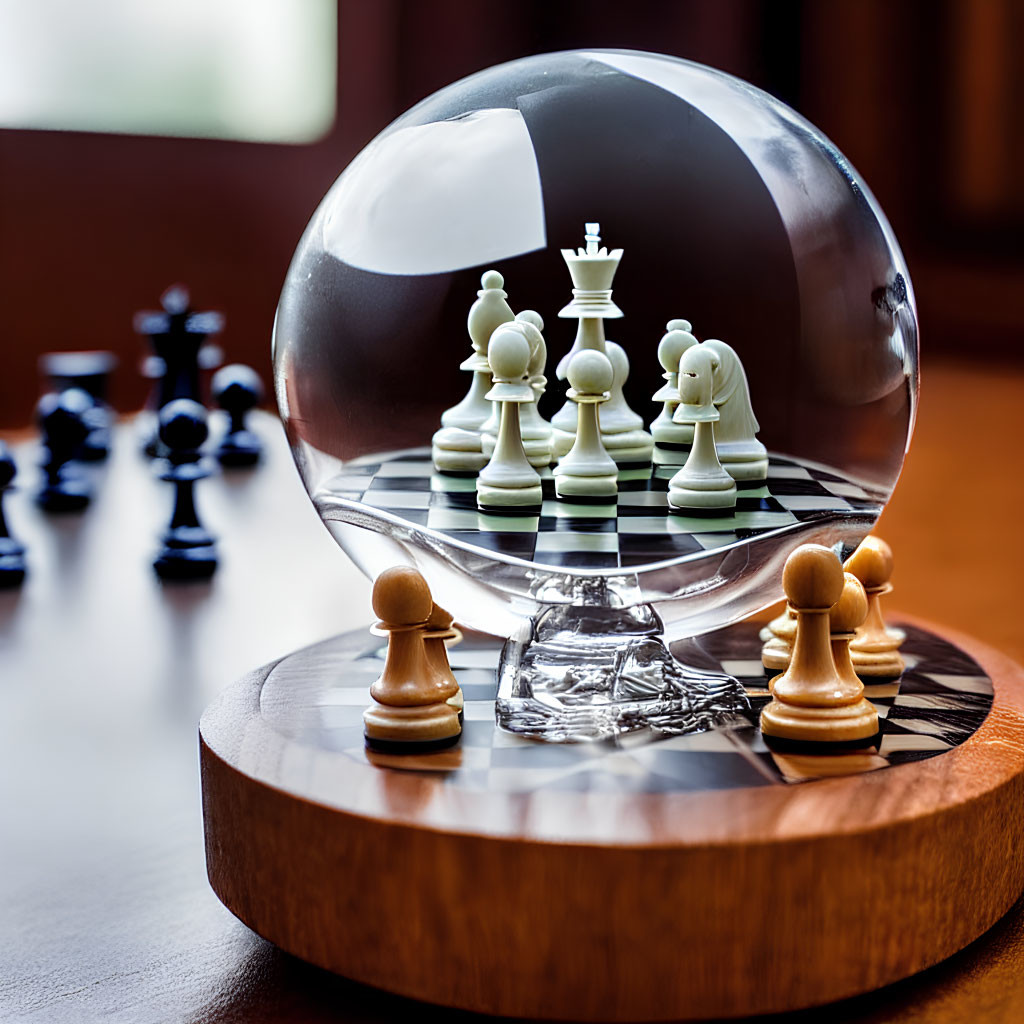 Crystal Ball Distorts Chess Pieces on Chessboard