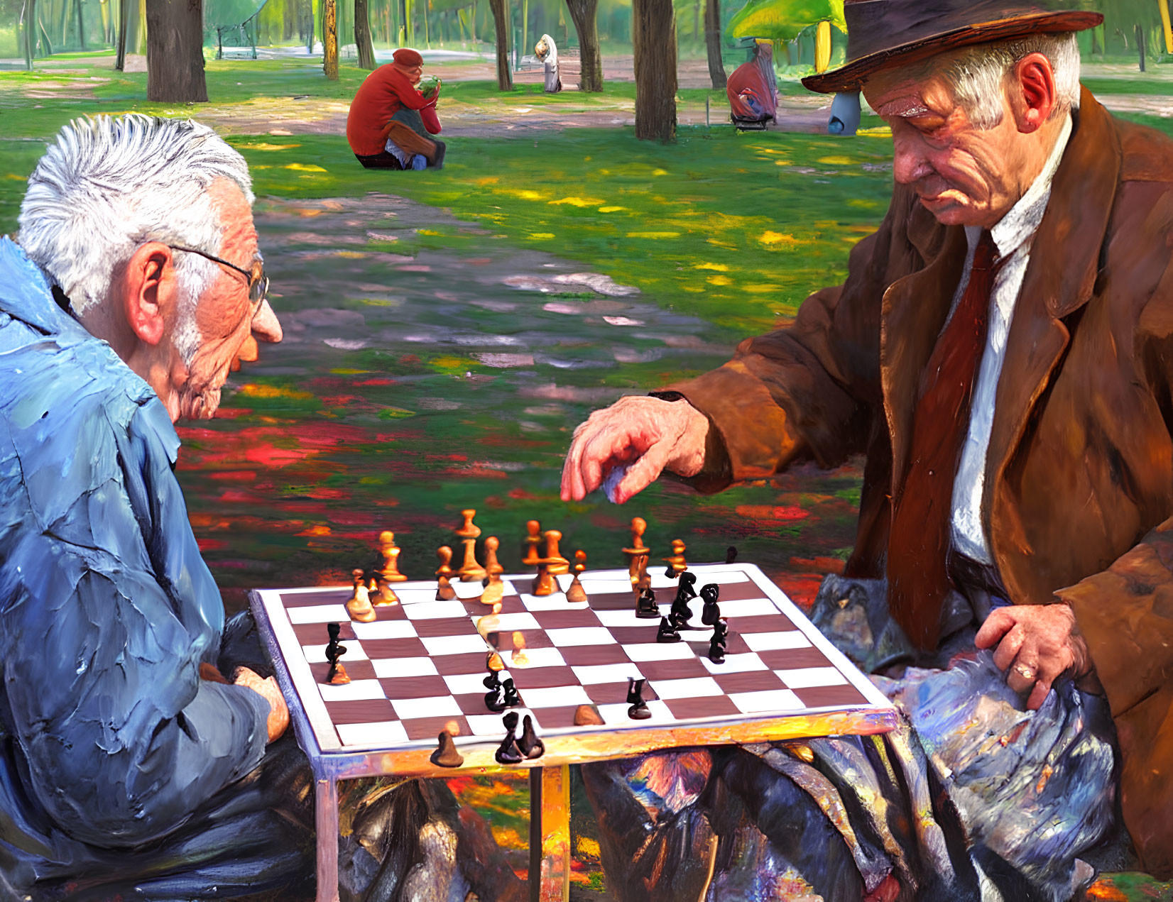 Elderly men playing chess in park on sunny day