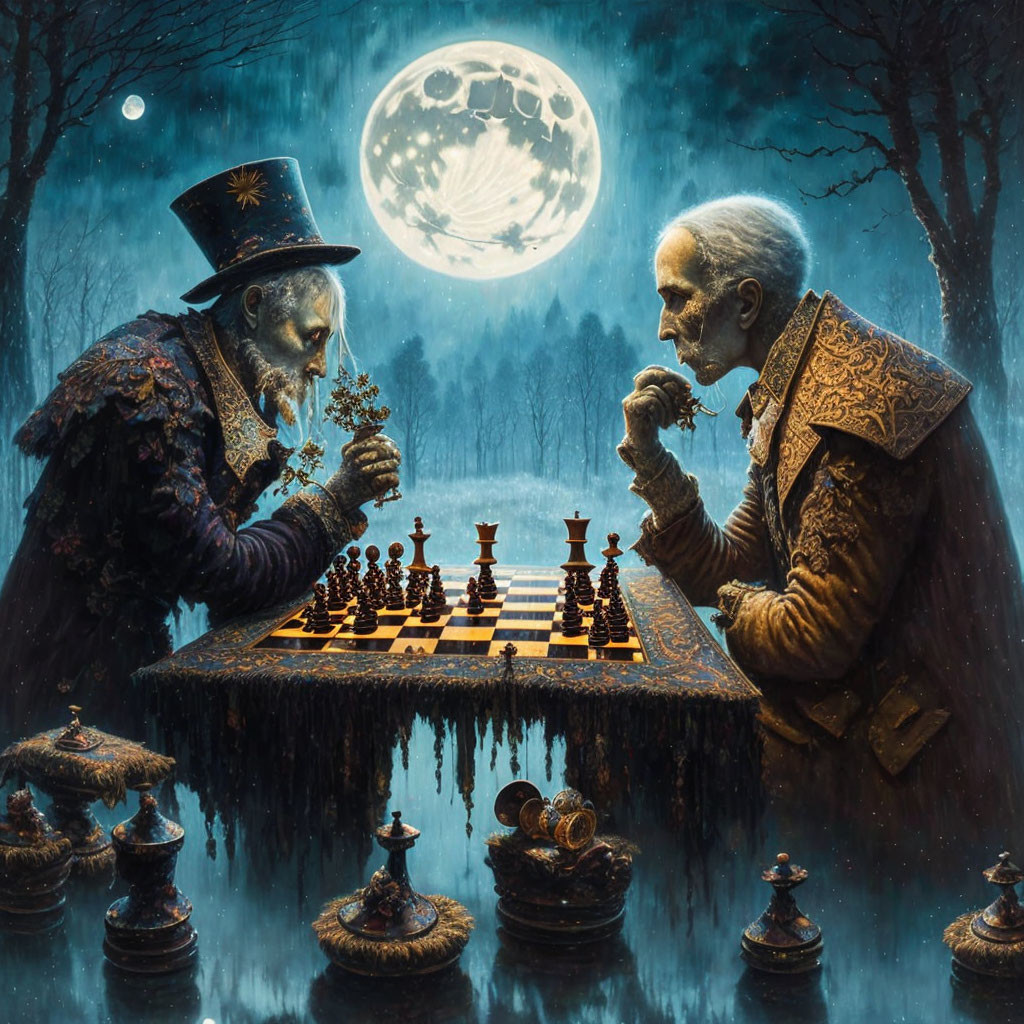 Vintage-dressed elderly men play chess under full moon