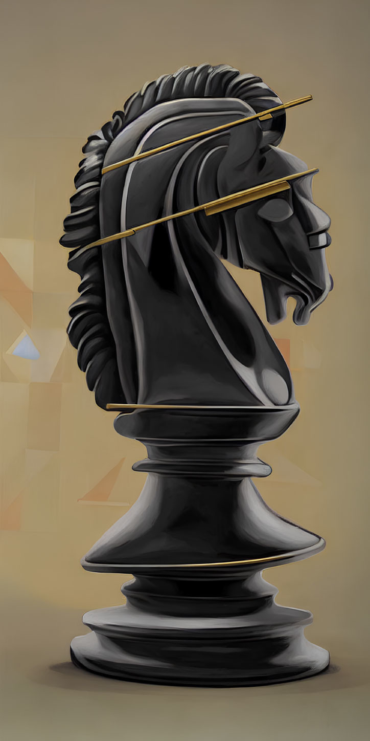 Stylized black knight chess piece with exaggerated features on geometric background