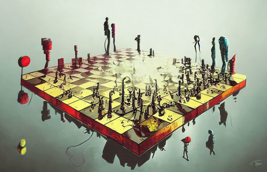 Floating chessboard with human-like figures and colorful symbols in reflective setting