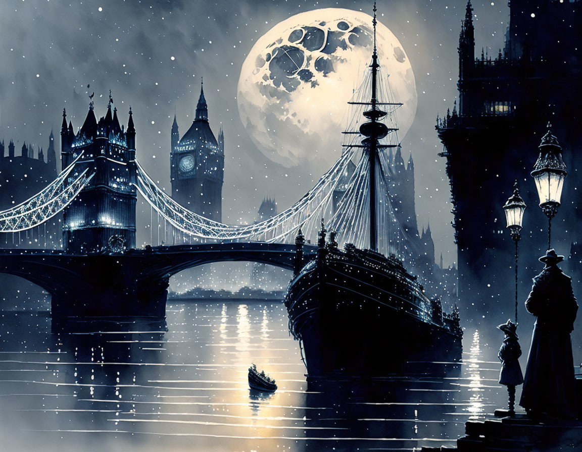 London's Tower Bridge Night Scene with Full Moon and Silhouettes