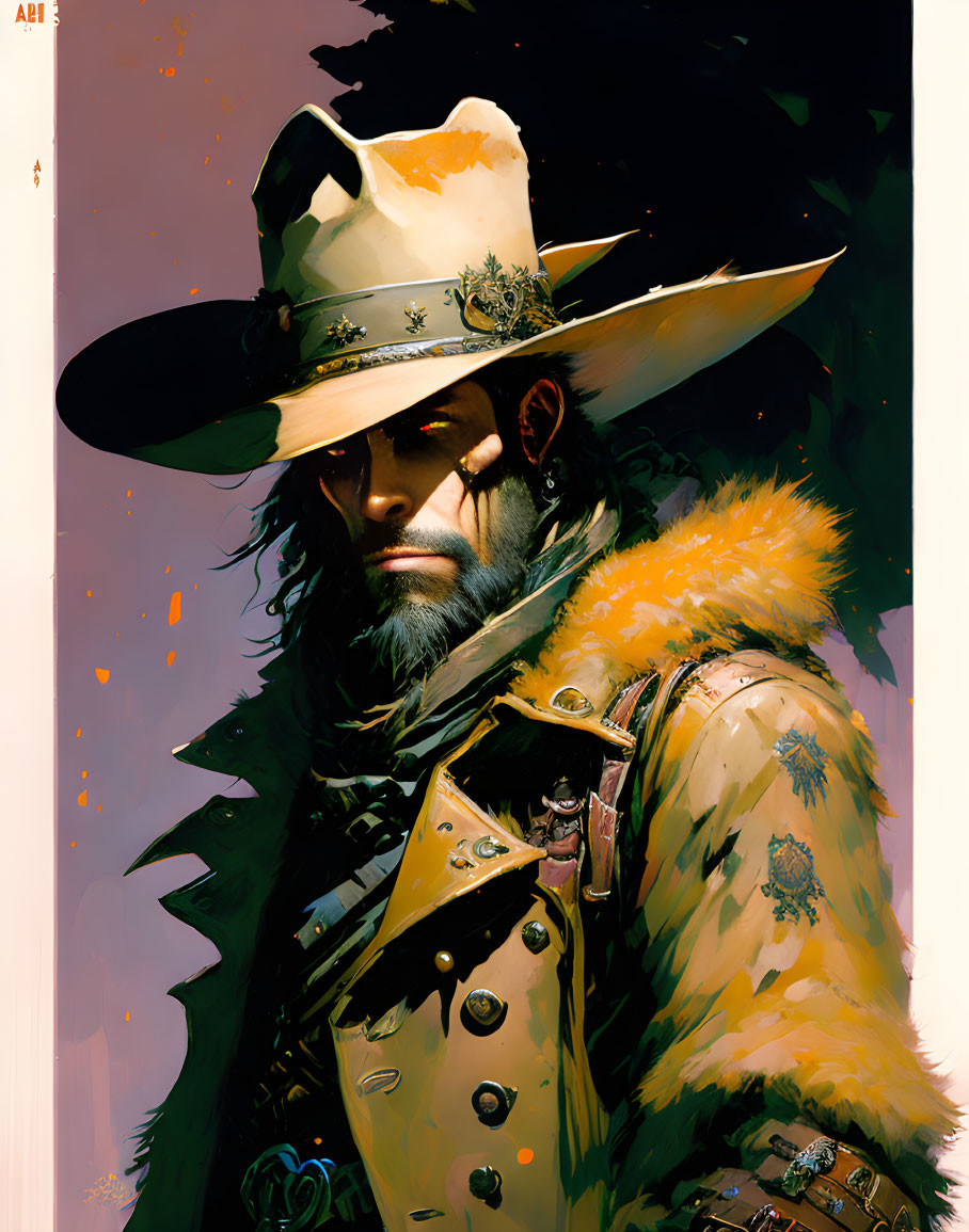 Man in Wide-Brimmed Hat and Fur-Lined Jacket with Stern Expression in Wild West Style