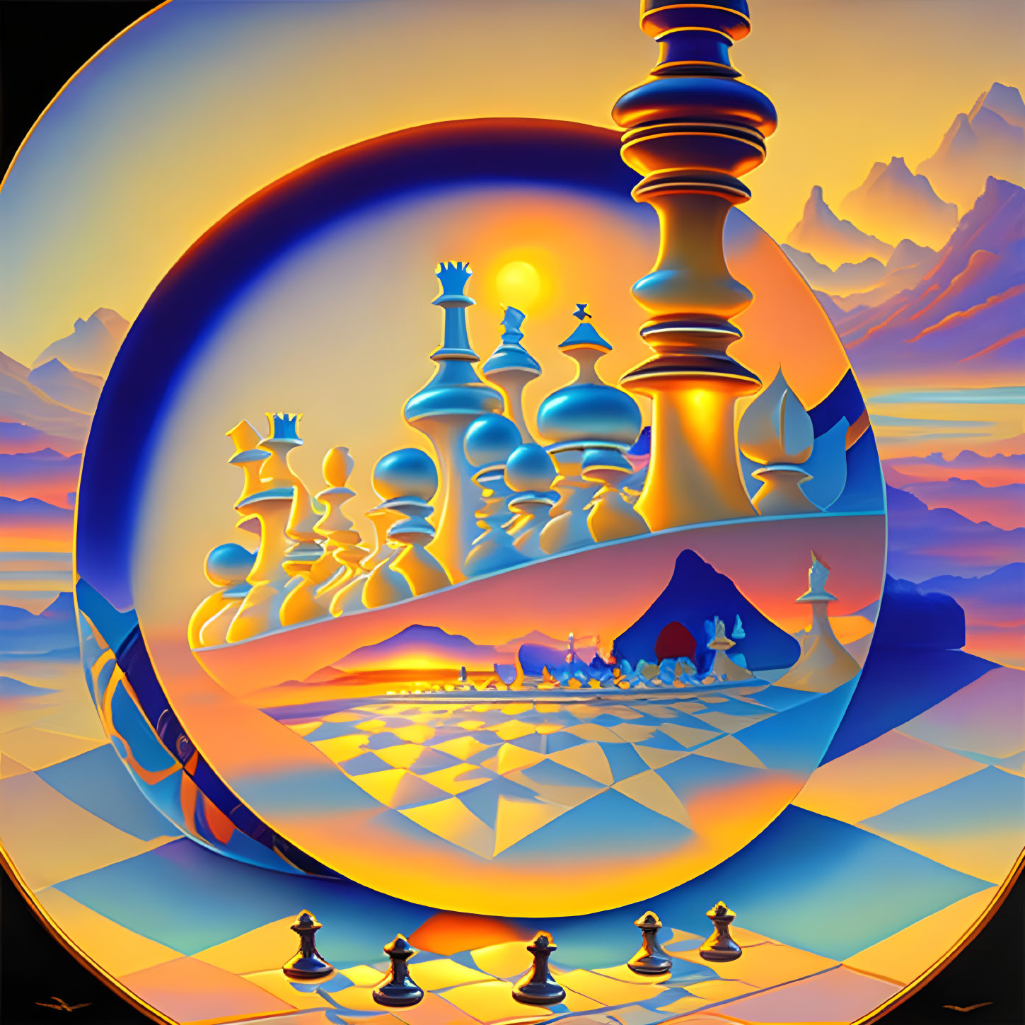 Surreal chess scene with pieces reflected in sphere on vibrant mountain backdrop