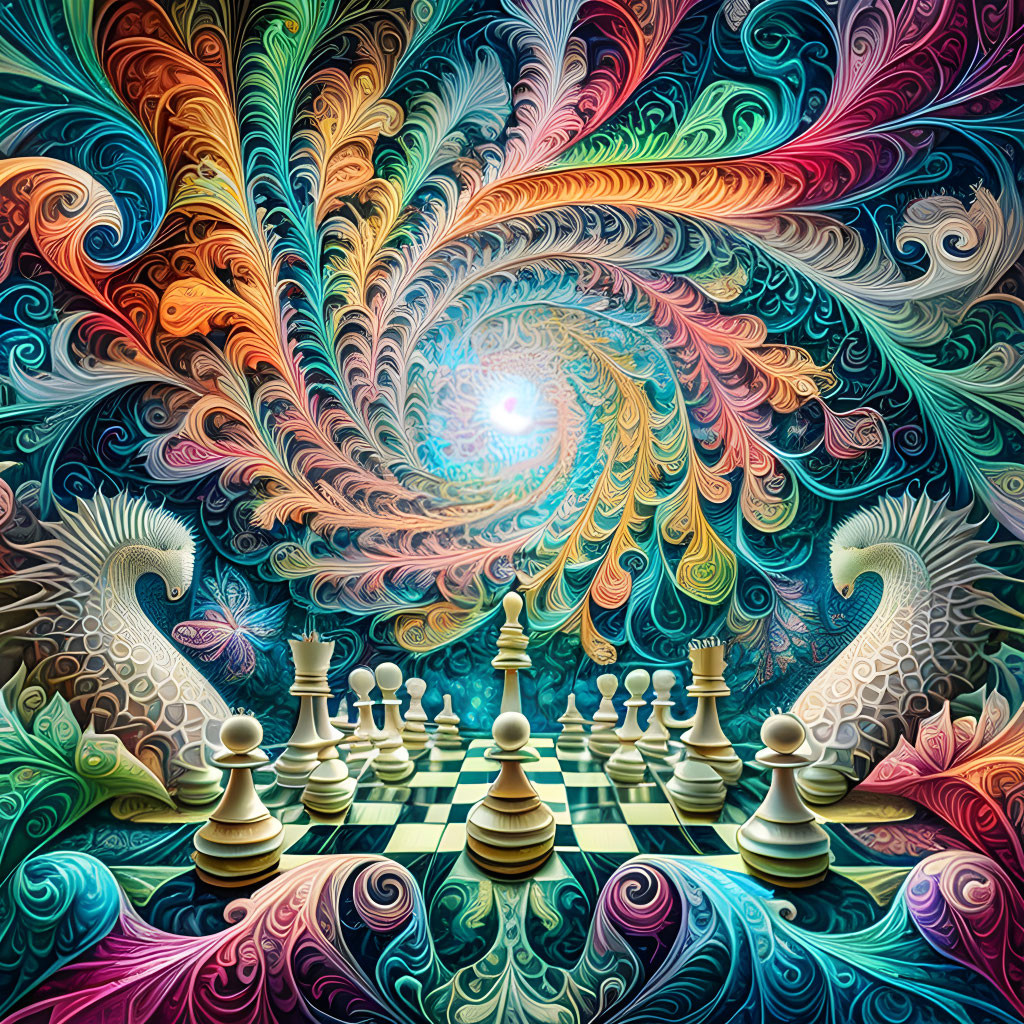 Colorful psychedelic digital art with fractal patterns and chessboard theme