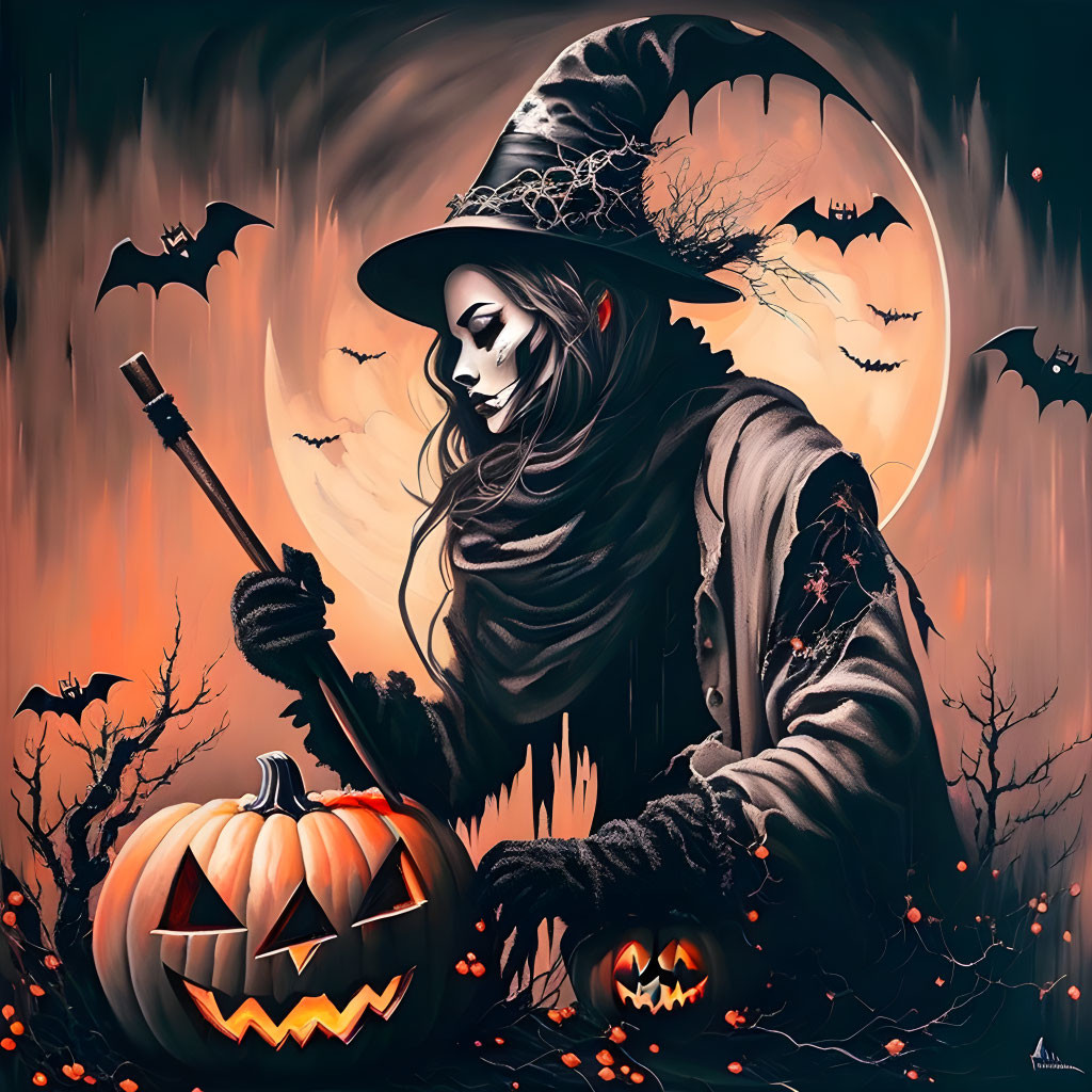 Spooky Halloween scene with witch, pumpkins, full moon, and bats