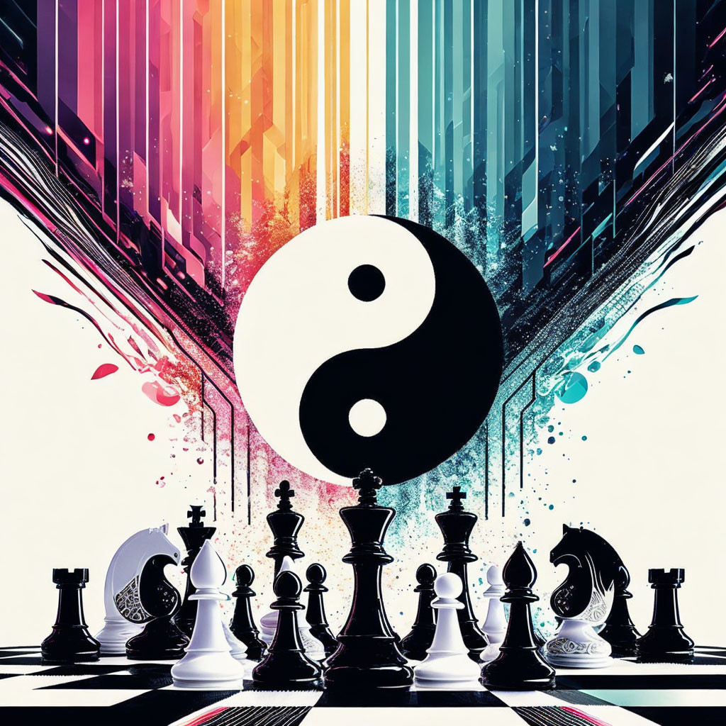 Vibrant Yin-Yang digital art with chess pieces on colorful backdrop