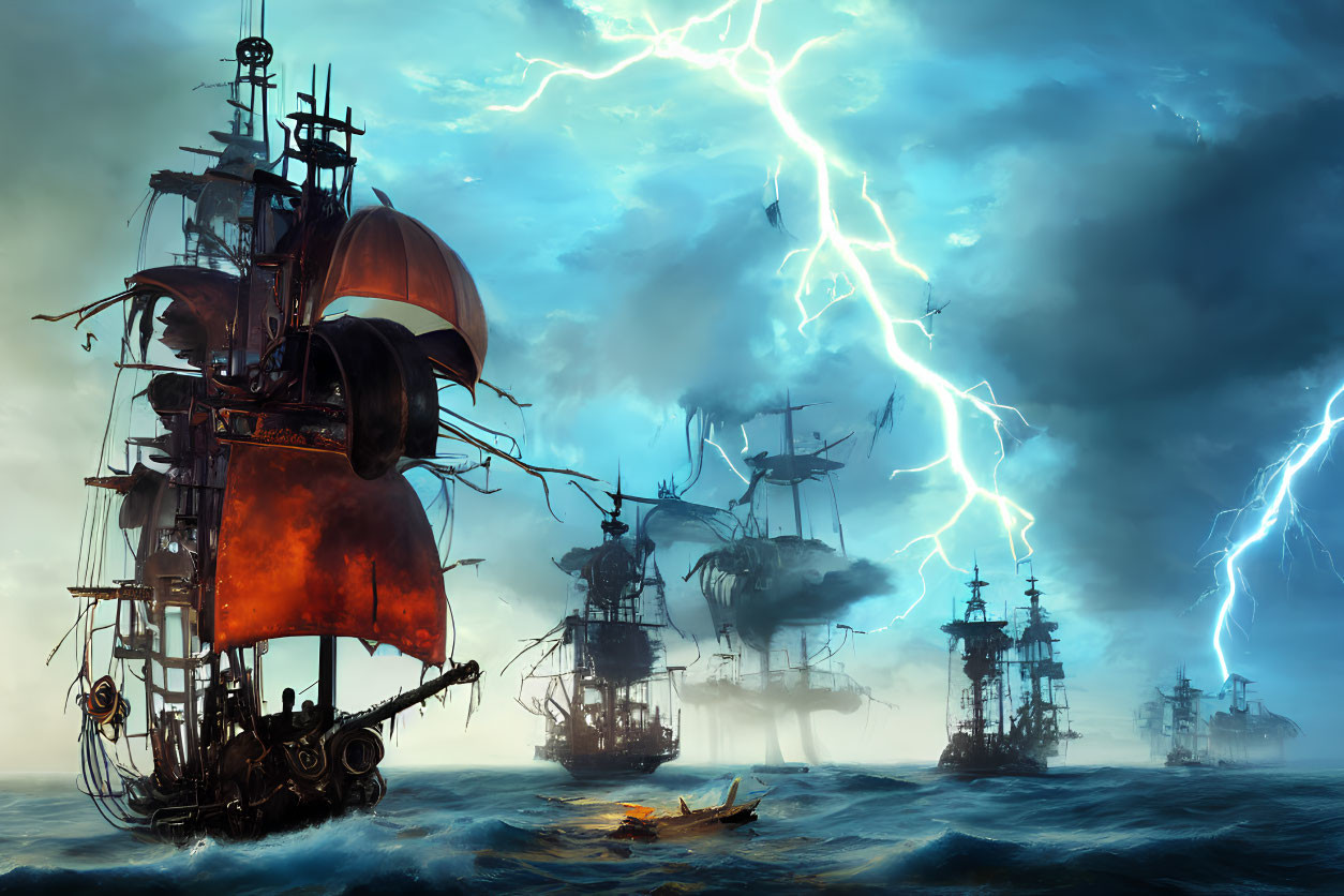 Stormy sky over old sailing ships in dramatic scene