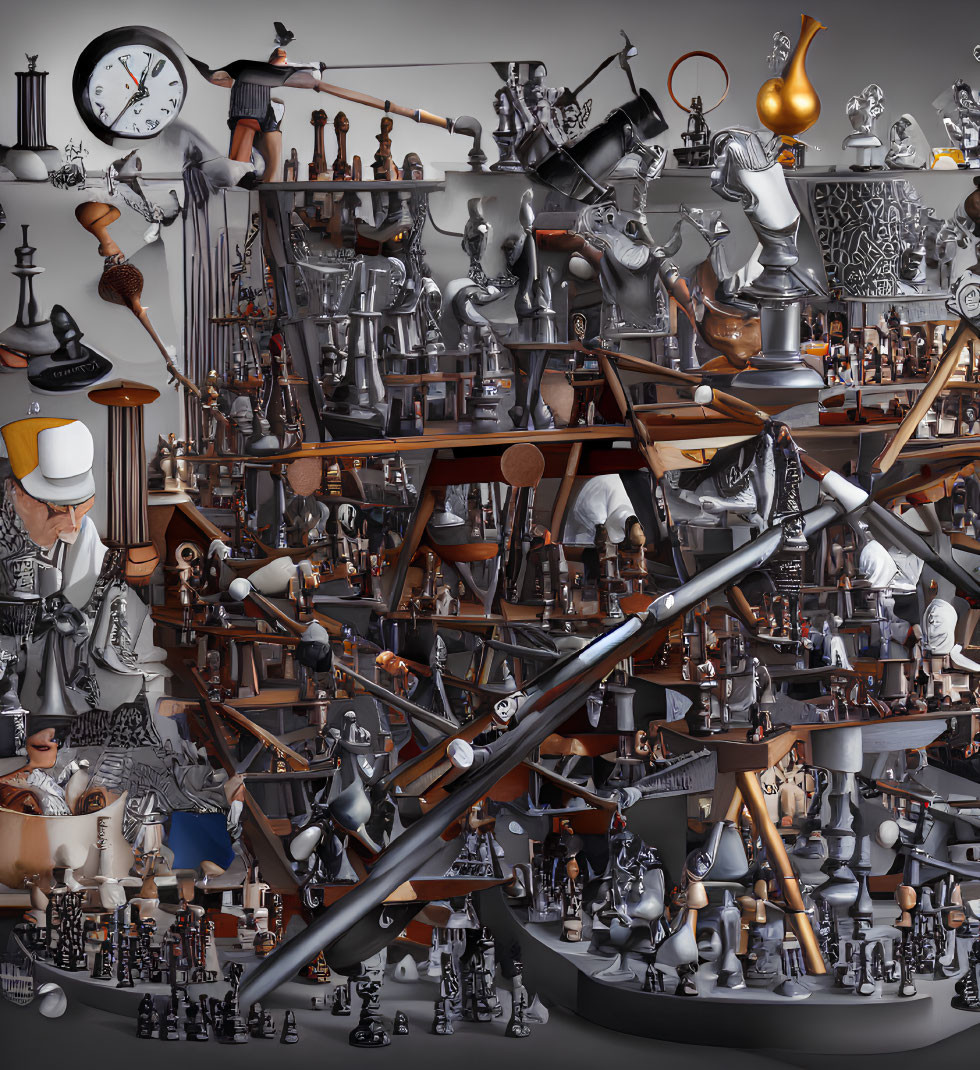 Monochromatic surreal scene with intricate machinery and chess pieces