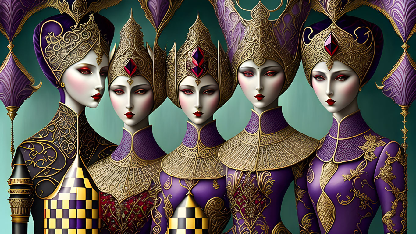 Five Stylized Female Figures in Purple and Gold Costumes on Teal Background