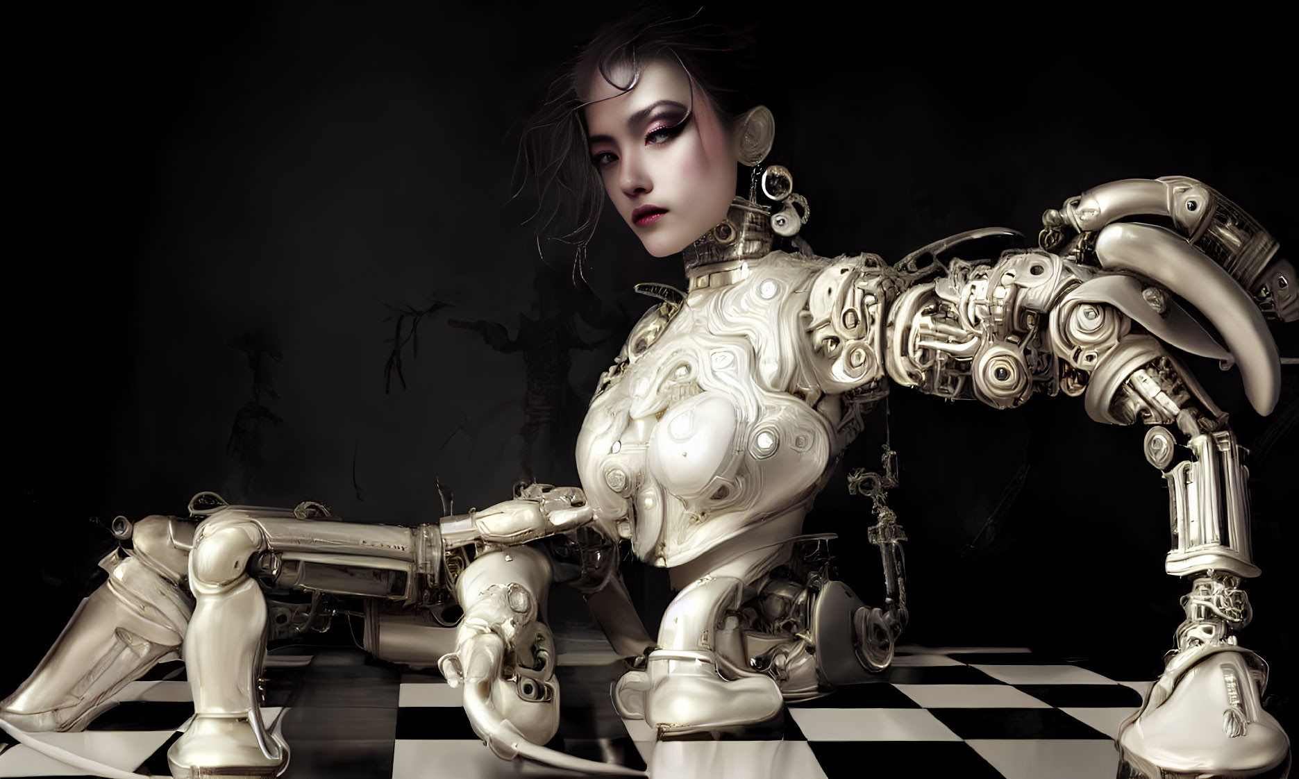 Cyborg person with mechanical features and dramatic makeup on checkered floor