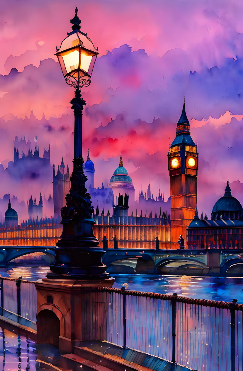 Illustration of Big Ben and Westminster Bridge at Twilight