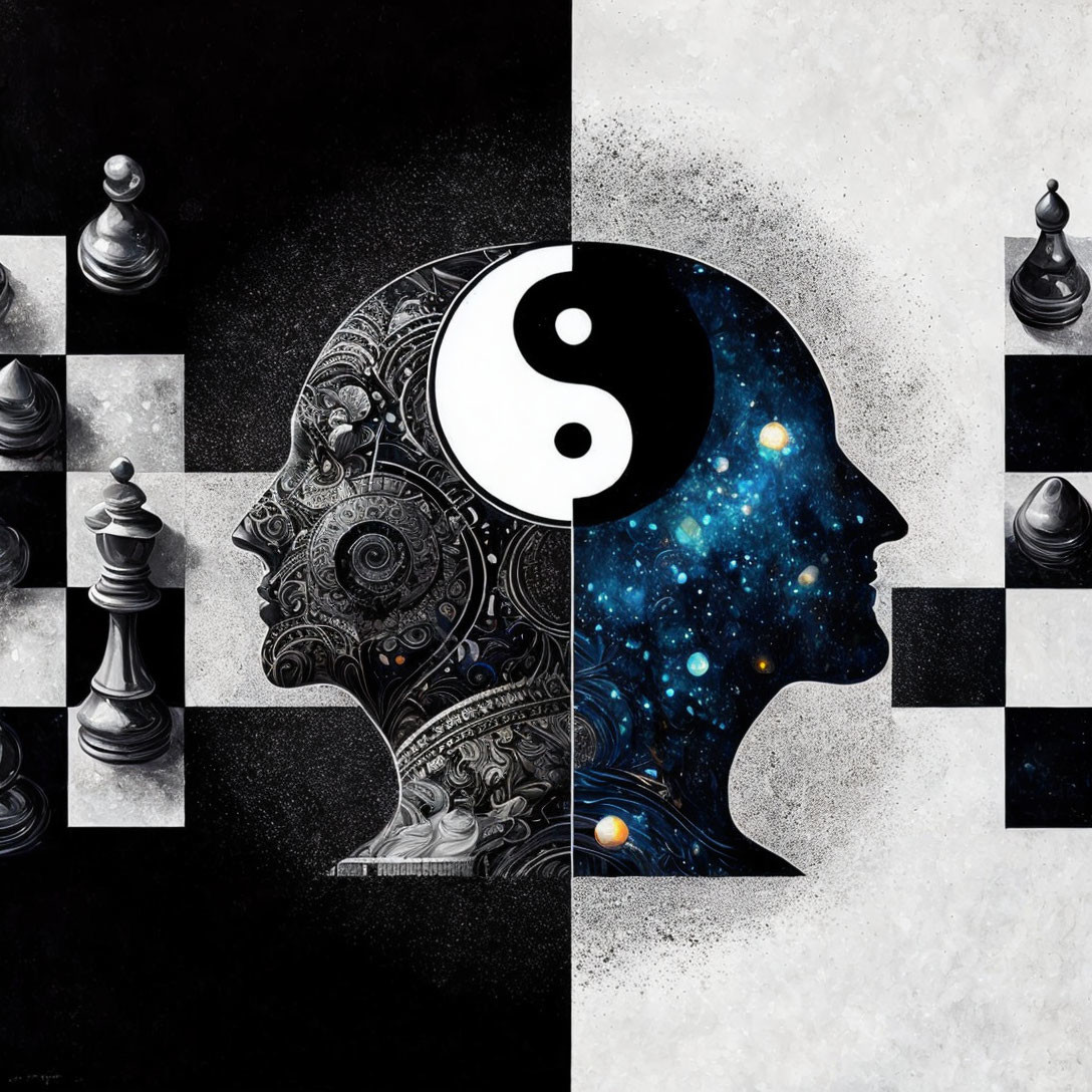 Human profiles with Yin-Yang symbol, cosmic and mechanical elements on chessboard.