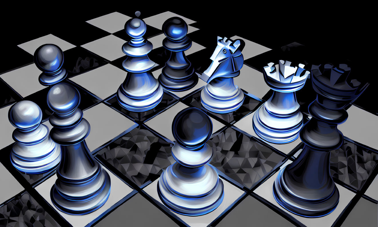 3D-rendered image of glossy black chess pieces on a checkered board