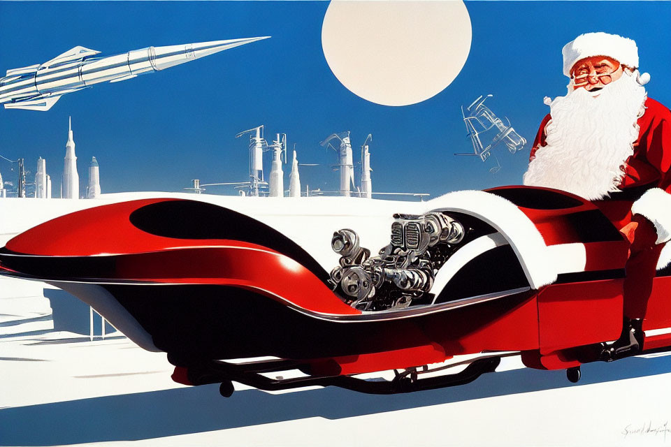 Futuristic Santa Claus in Red and White Sleigh Over Industrial Cityscape