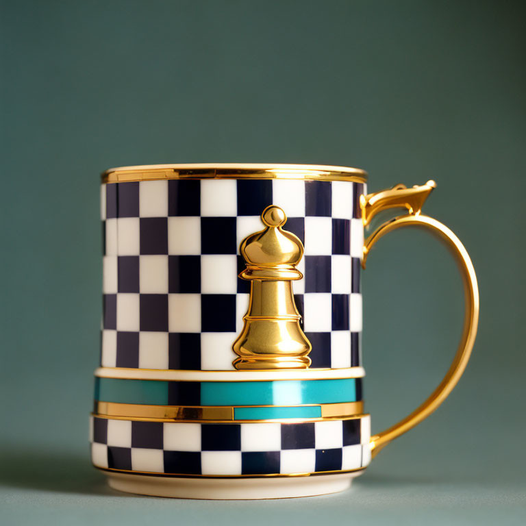 Chessboard Pattern Mug with Golden Pawn Handle on Teal Background