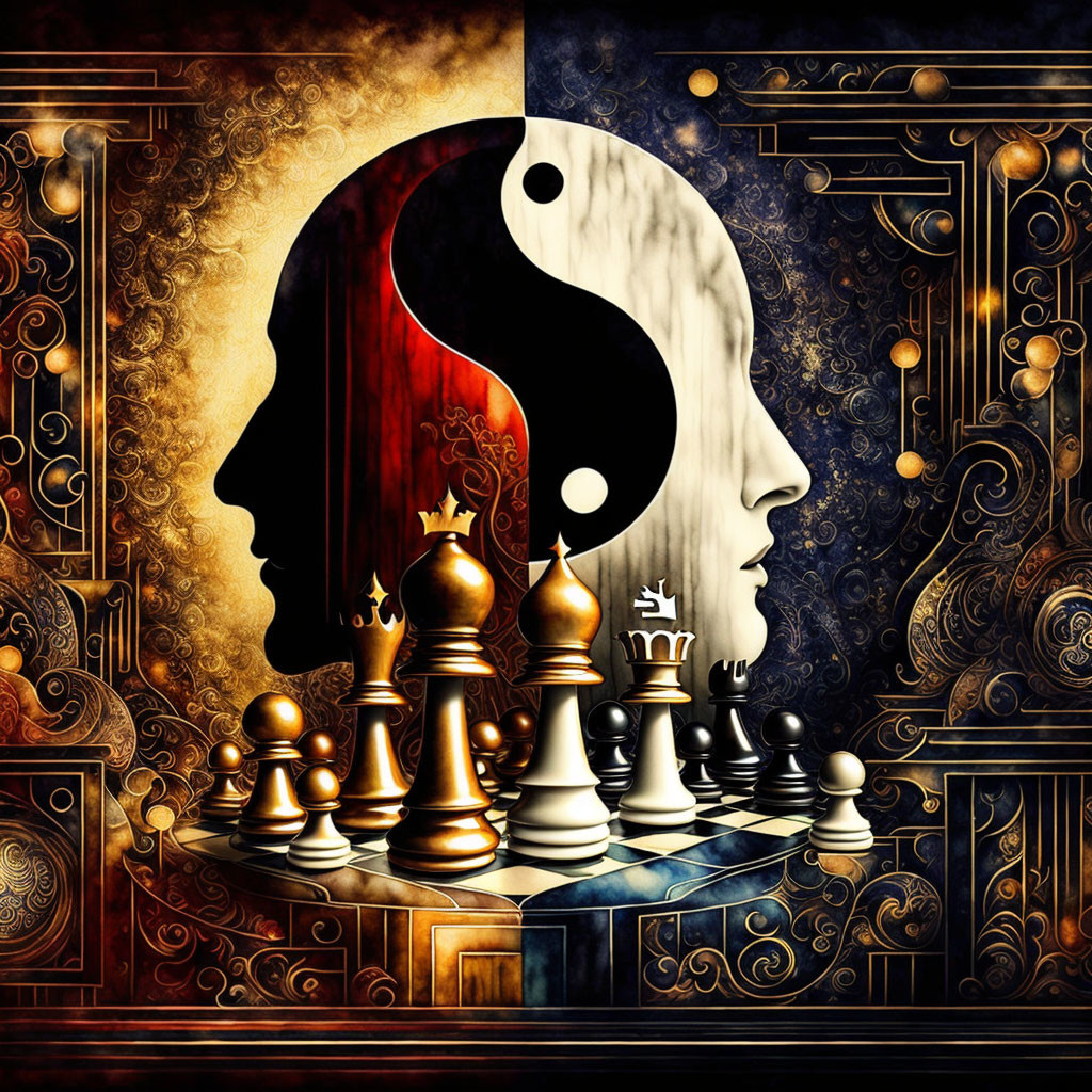 Human-like profiles create yin-yang with chess pieces on ornate golden background