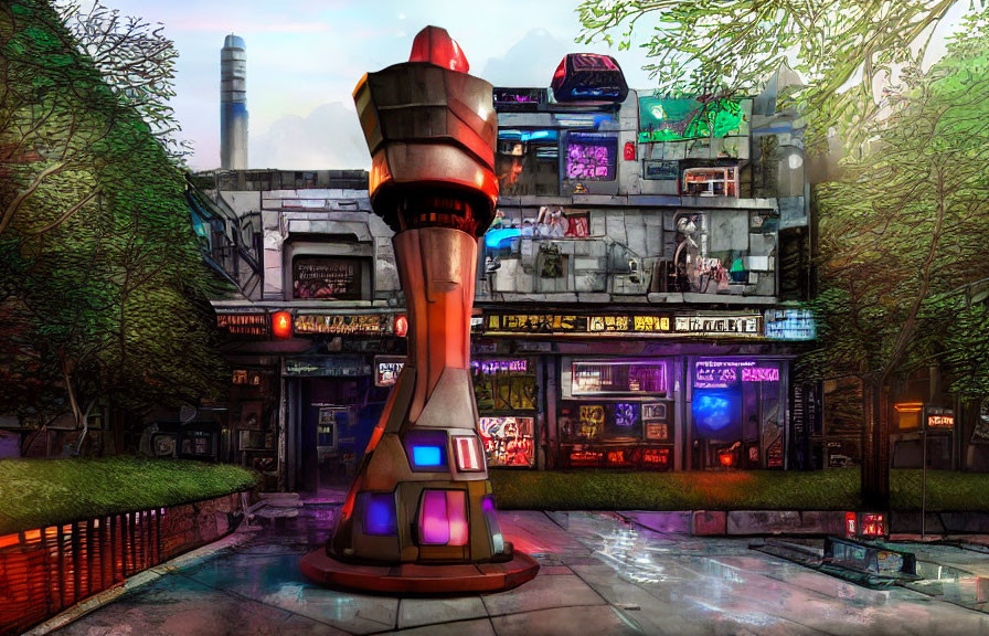 Vibrant futuristic street scene with neon signs, rocket-like structure, wet pavement, and lush green