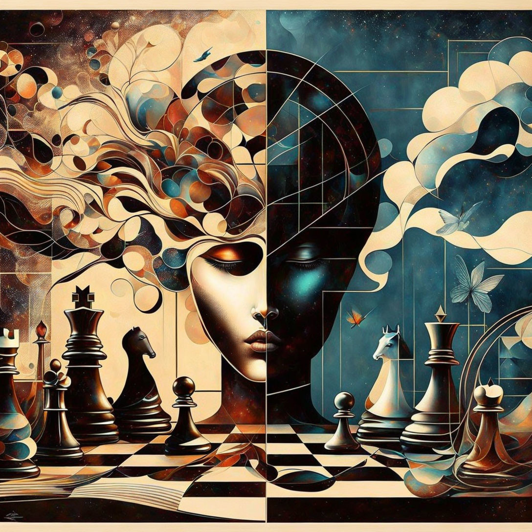 Abstract chessboard profiles with swirling patterns.