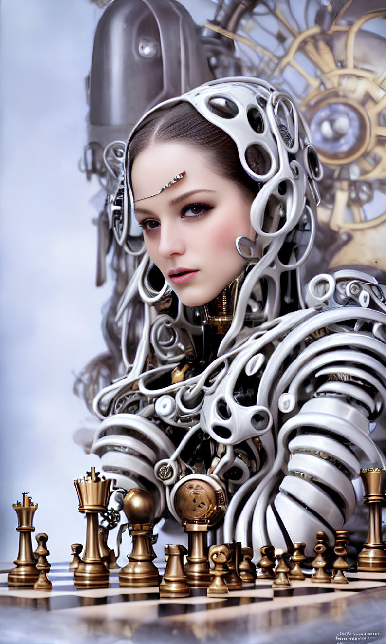 Sci-fi headdress woman with chessboard and clockwork background