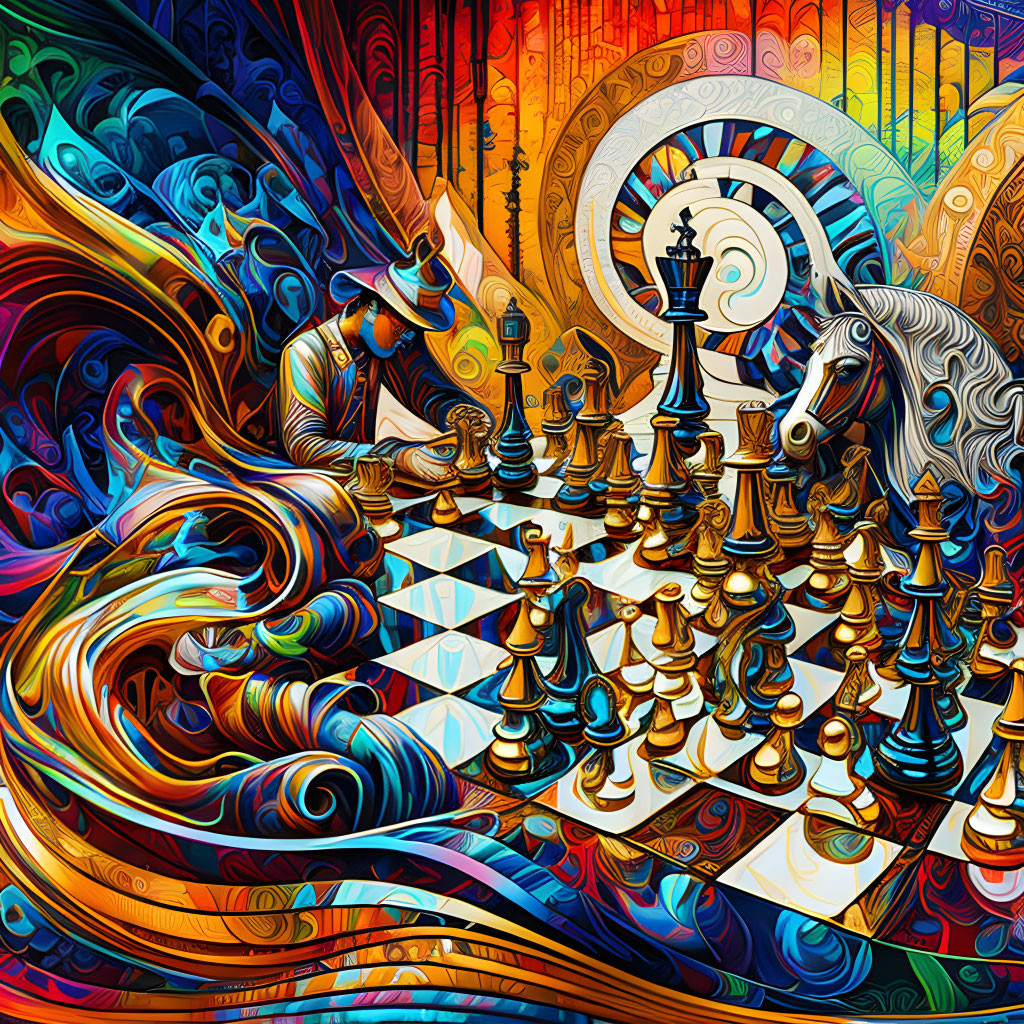 Colorful psychedelic chess game illustration with horse figure in vibrant swirls.