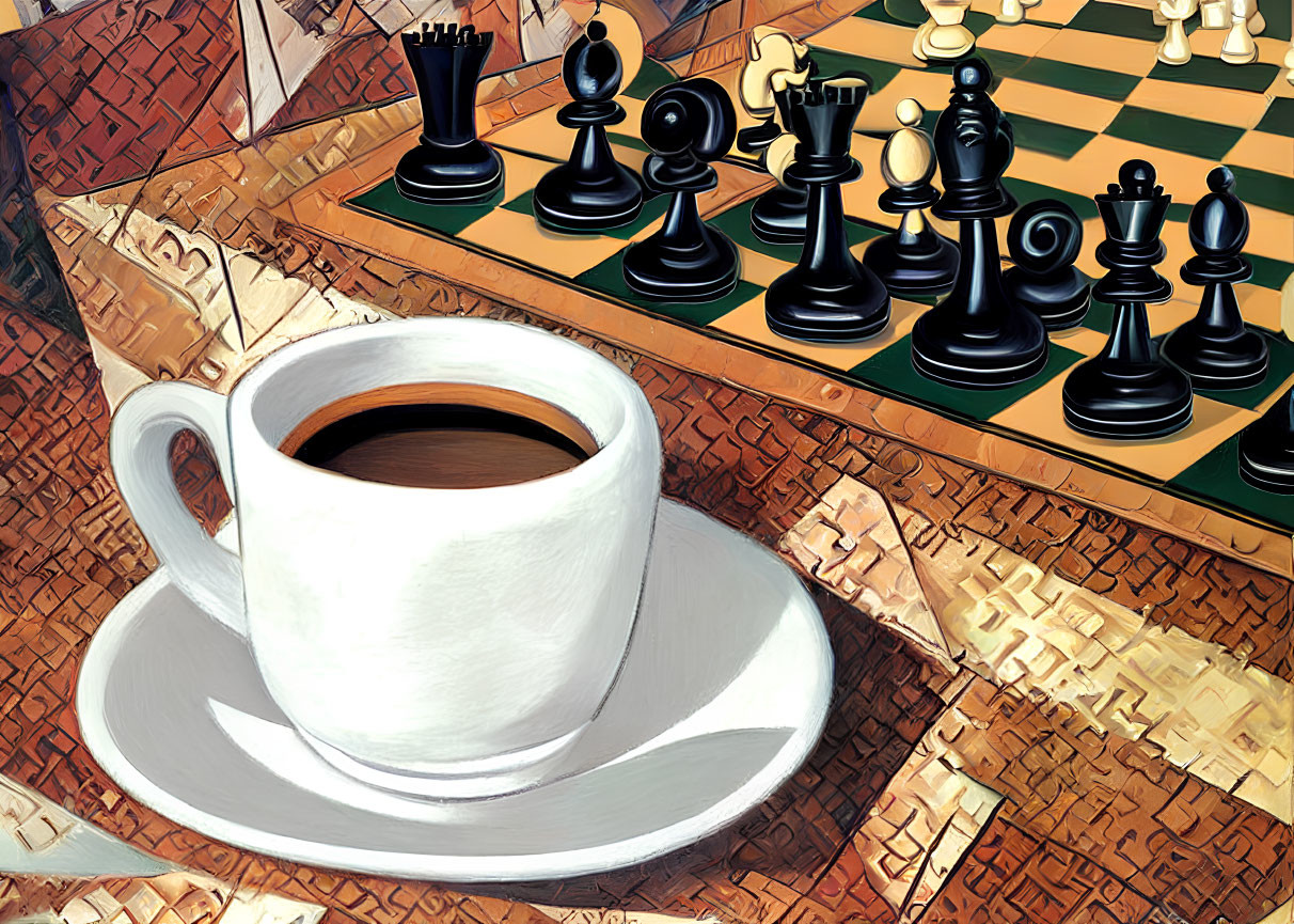 Coffee cup on saucer atop chessboard with pieces