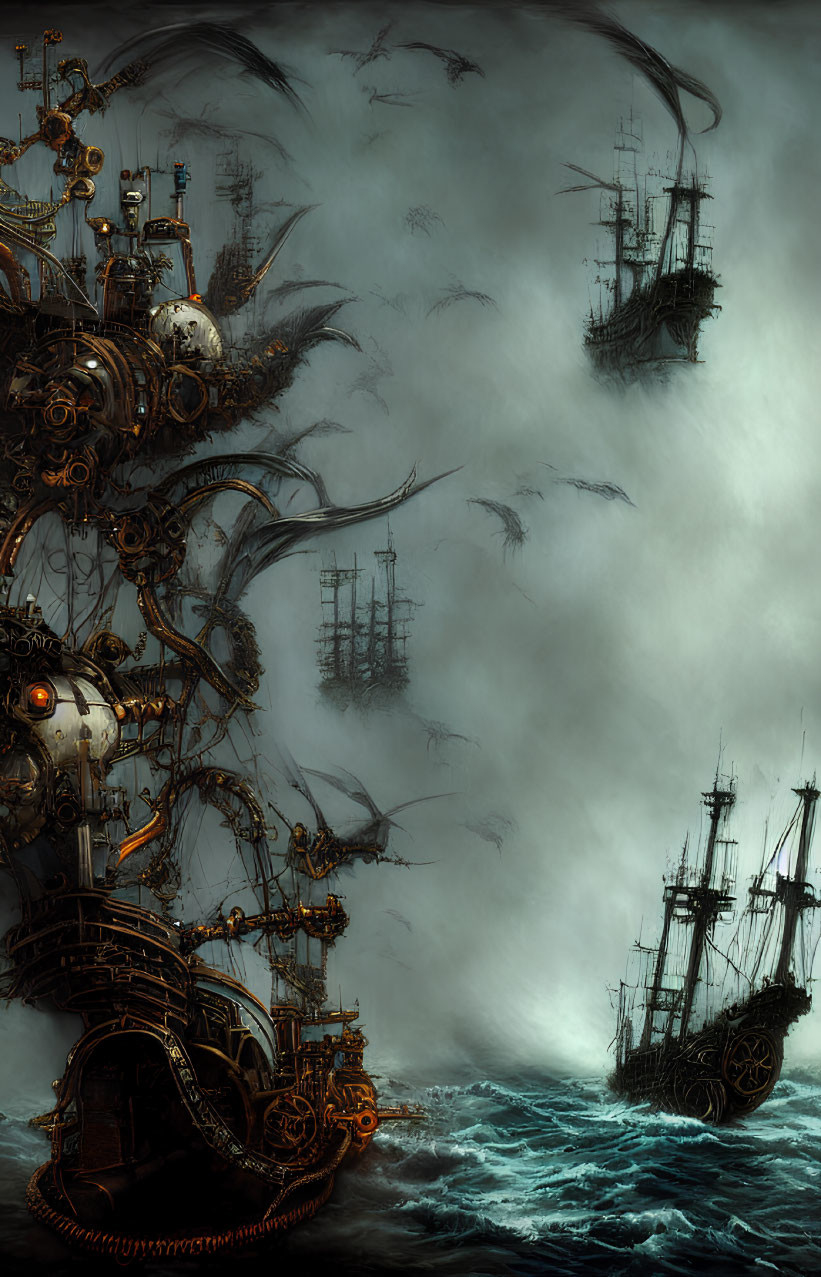 Dark Stormy Seascape with Ominous Ships & Mechanical Sea Creature