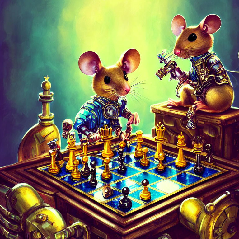 Anthropomorphic mice in medieval armor play chess in fantastical setting