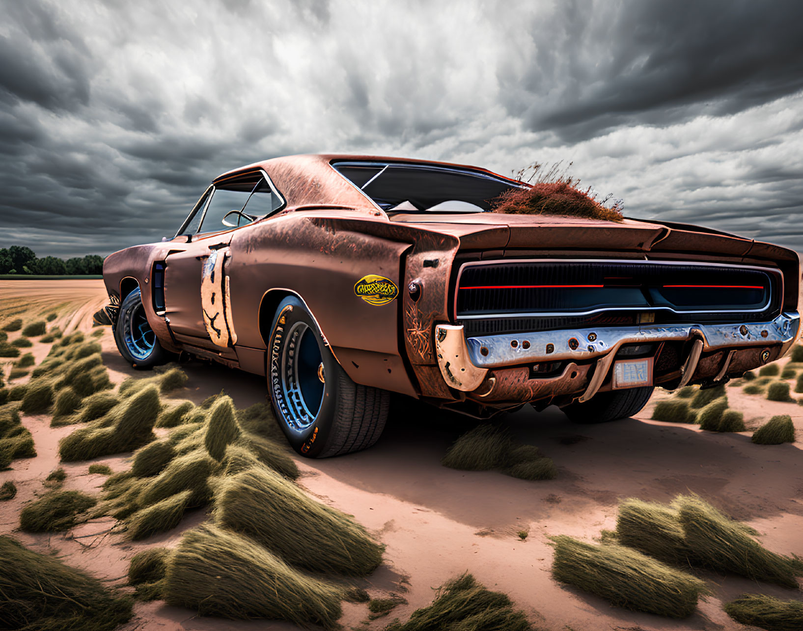 Vintage Muscle Car with Rusty Exterior and Blue Wheels in Field with Dramatic Cloudy Sky