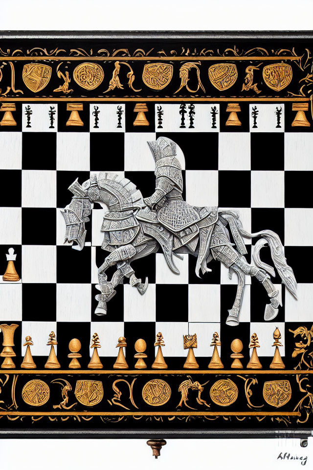 Detailed Ornate Chessboard with Large Knight Piece and Intricate Designs