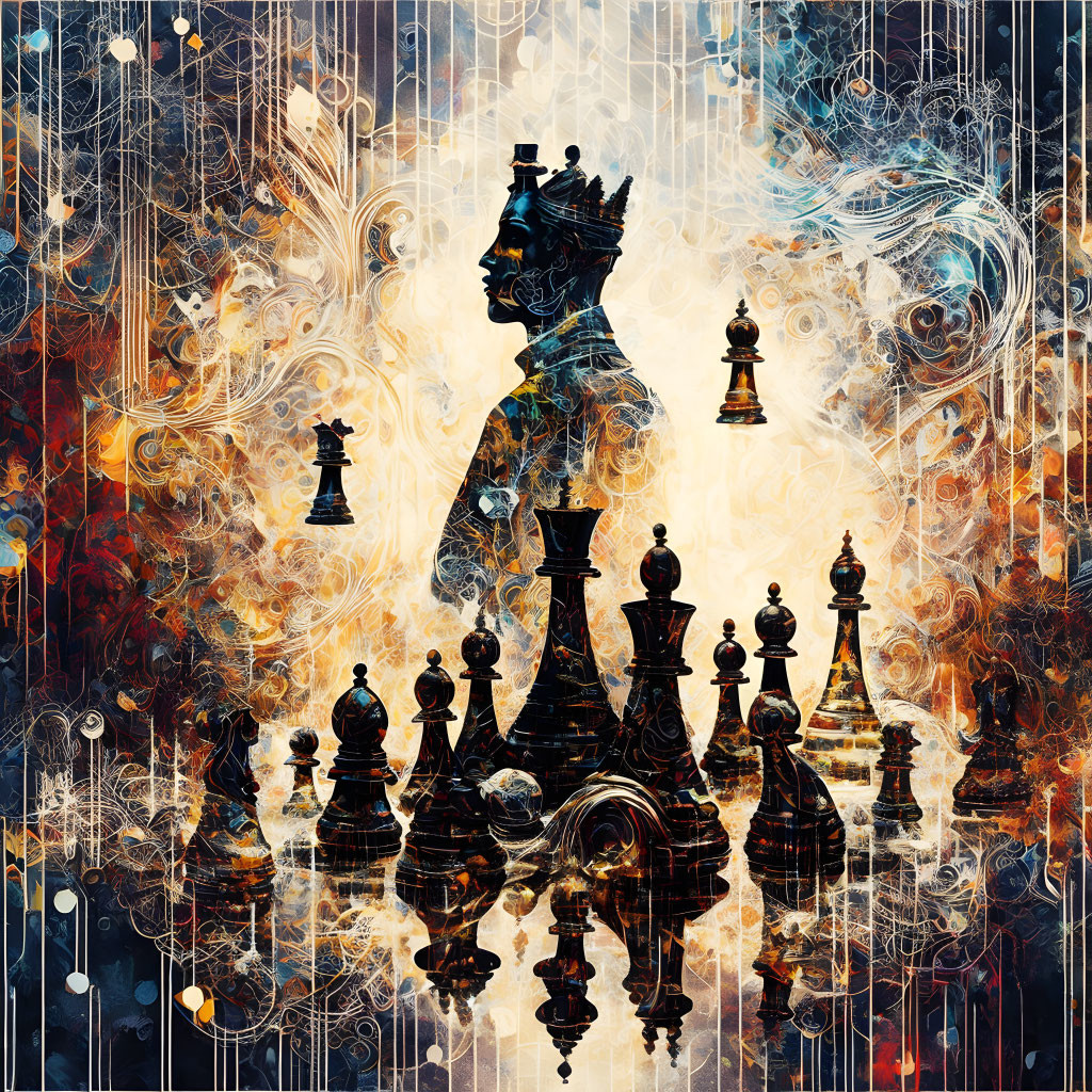 Abstract Chess King Silhouette Among Swirling Colors