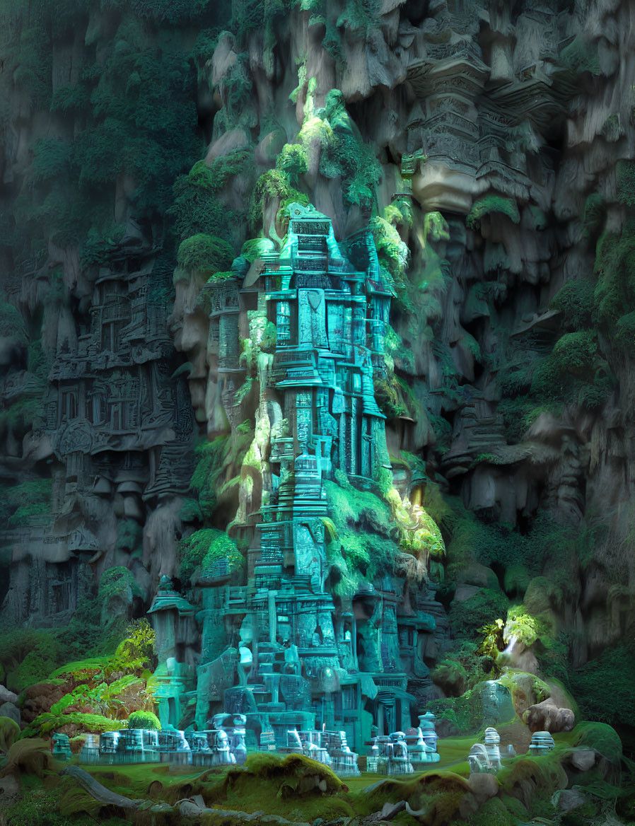 Ancient overgrown temple in lush mystical forest.