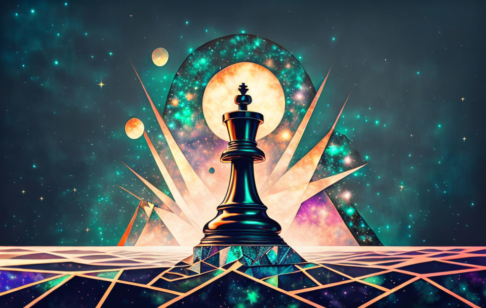 Surreal digital artwork: black chess queen on reflective surface with cosmic backdrop