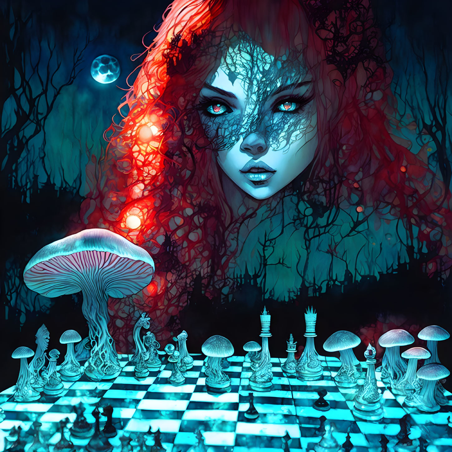 Illustration of mystical woman with red foliage hair, glowing mushroom, chessboard in surreal forest