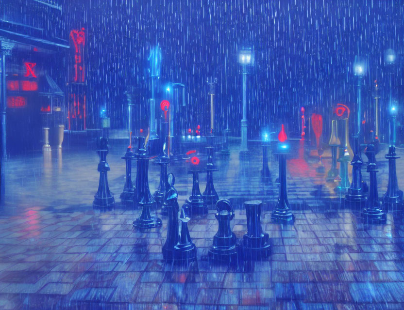 Oversized Chess Pieces on Reflective Surface in Neon-lit Rain