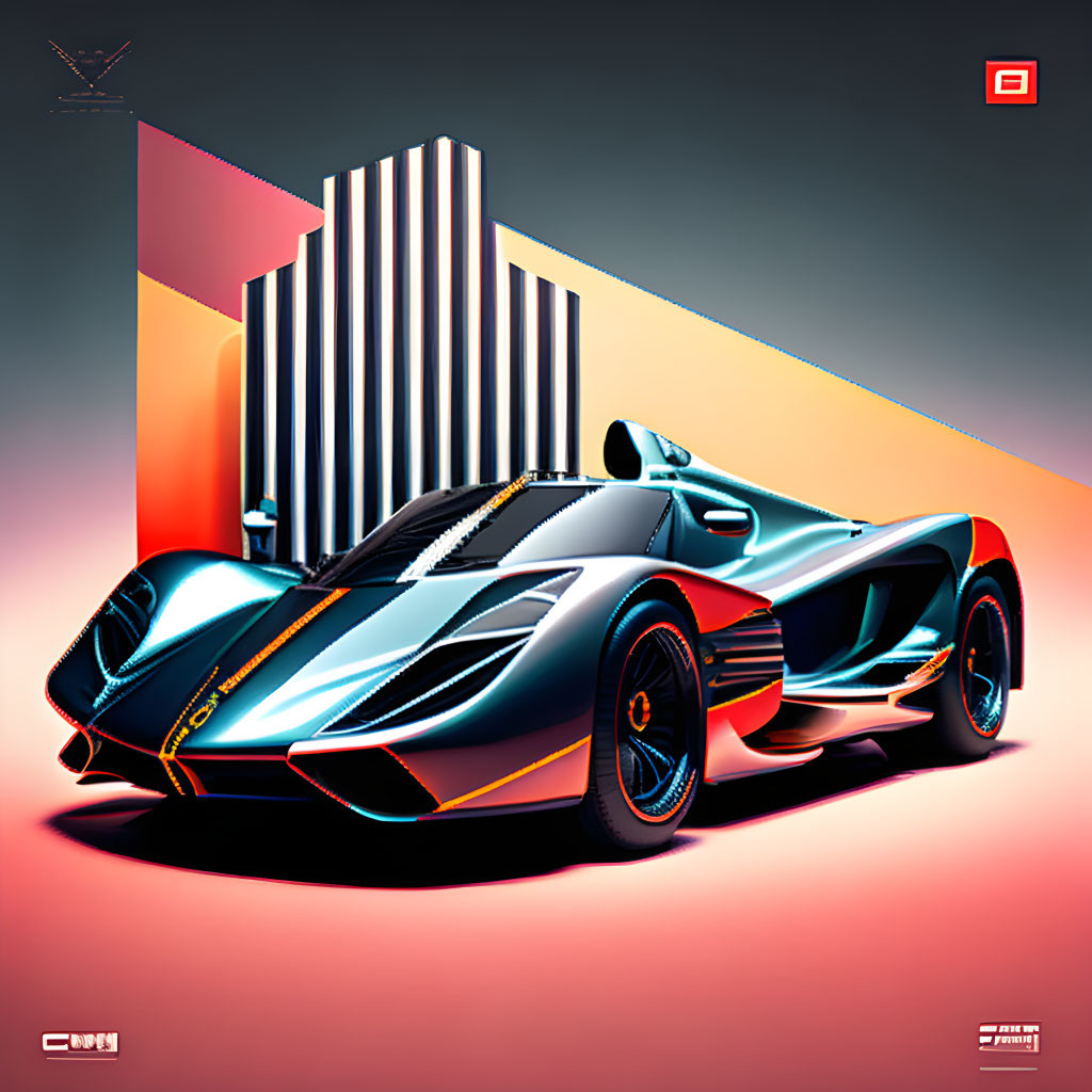 Futuristic race car with sharp angles on vibrant background