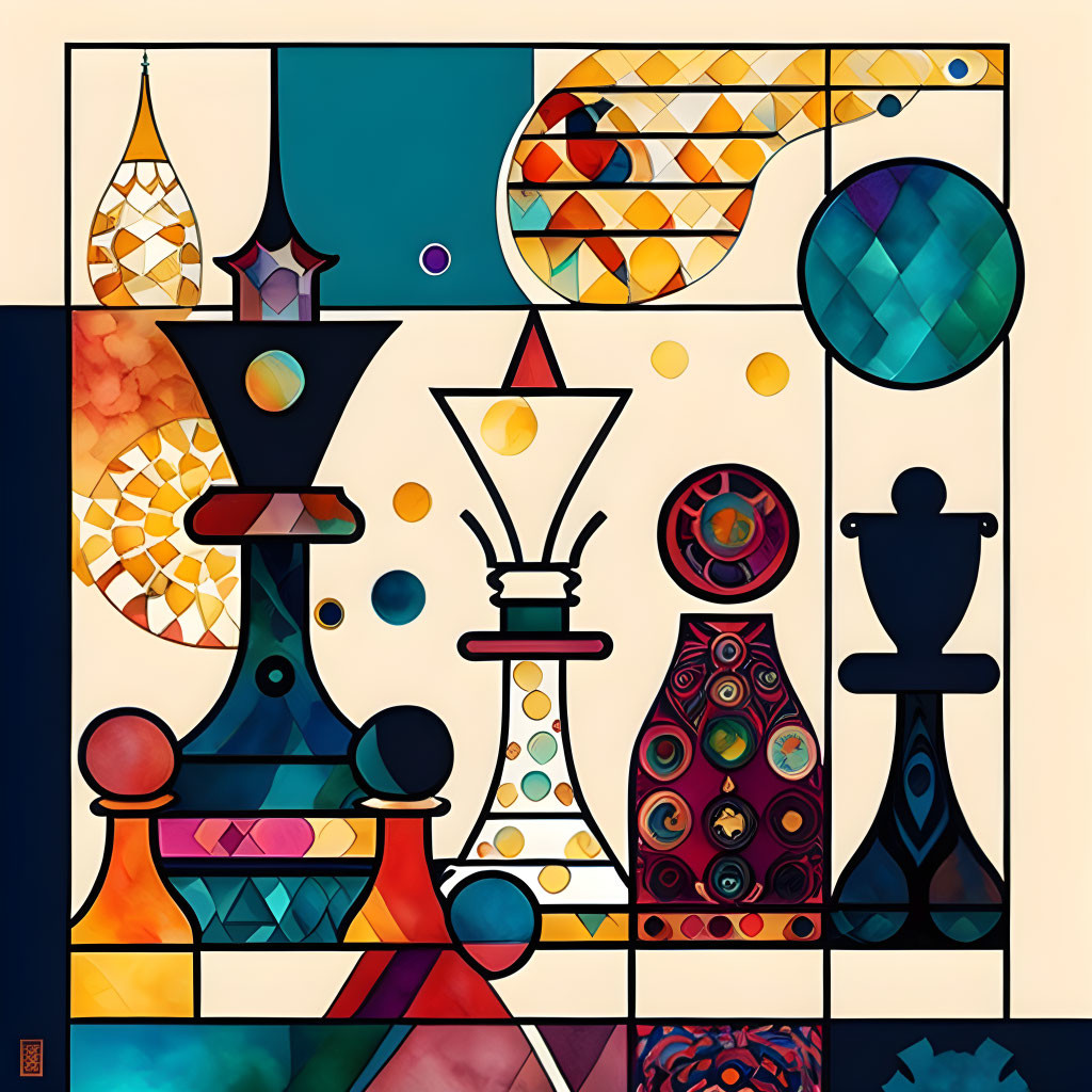 Vibrant abstract art: stylized chess pieces on geometric backdrop