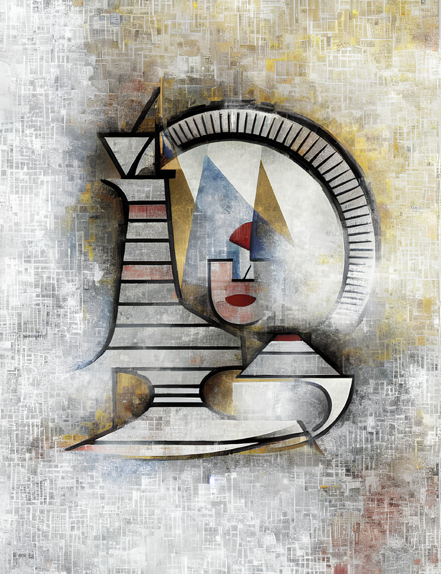 Geometric abstract art: grayscale with yellow tones, stylized face, textured background