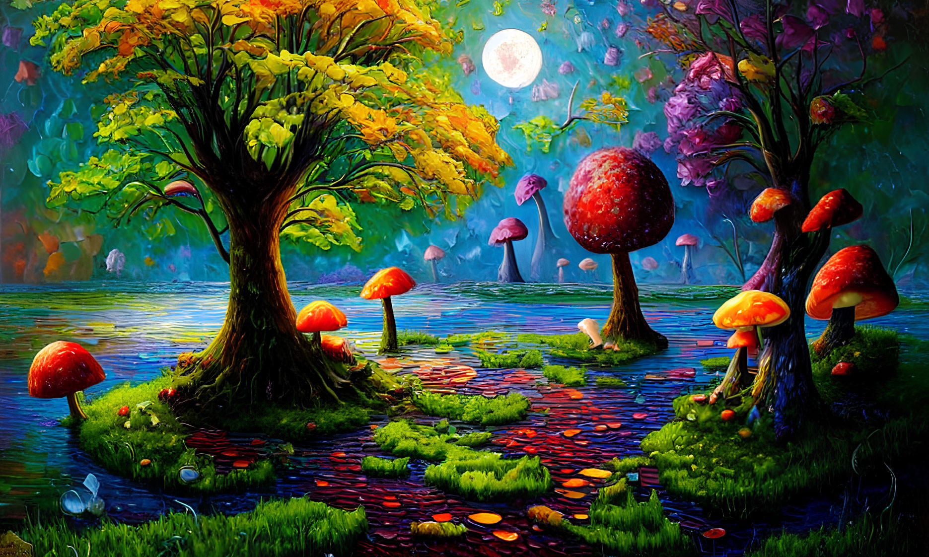 Colorful Trees and Oversized Mushrooms in Moonlit Fantasy Landscape
