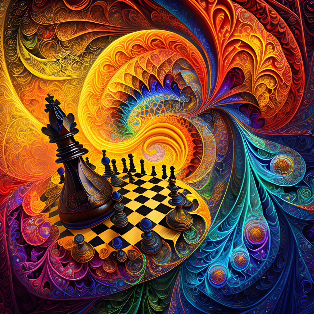 Colorful surreal digital art: chessboard and fractal pattern