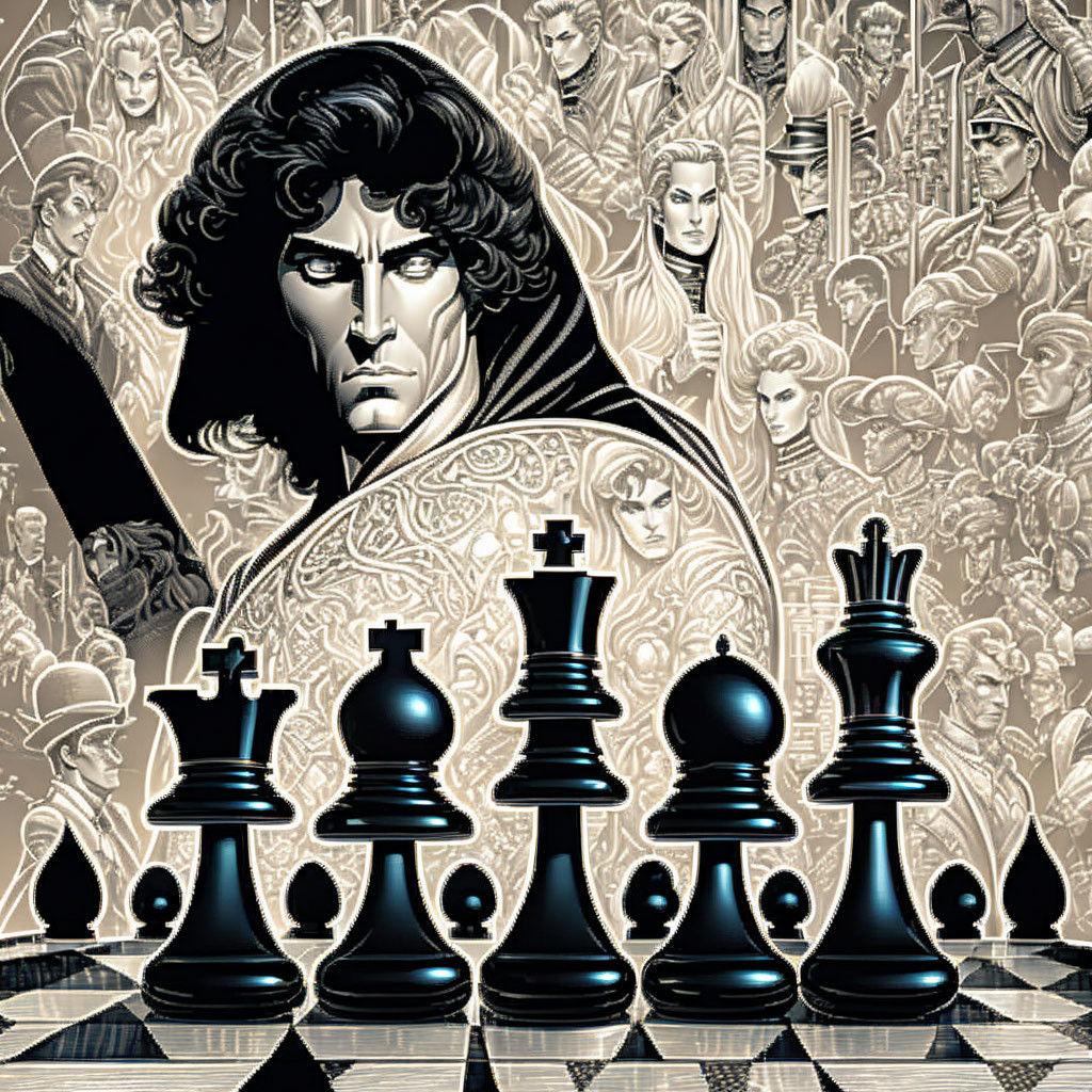 Intense man in front of chessboard with ethereal figures