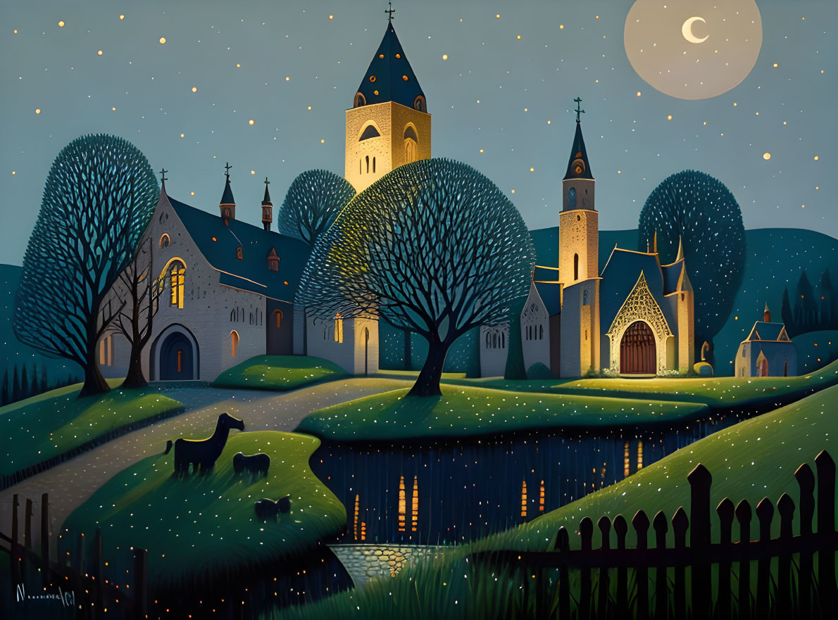 Nighttime pastoral scene with church, stars, moon, trees, river, and cows