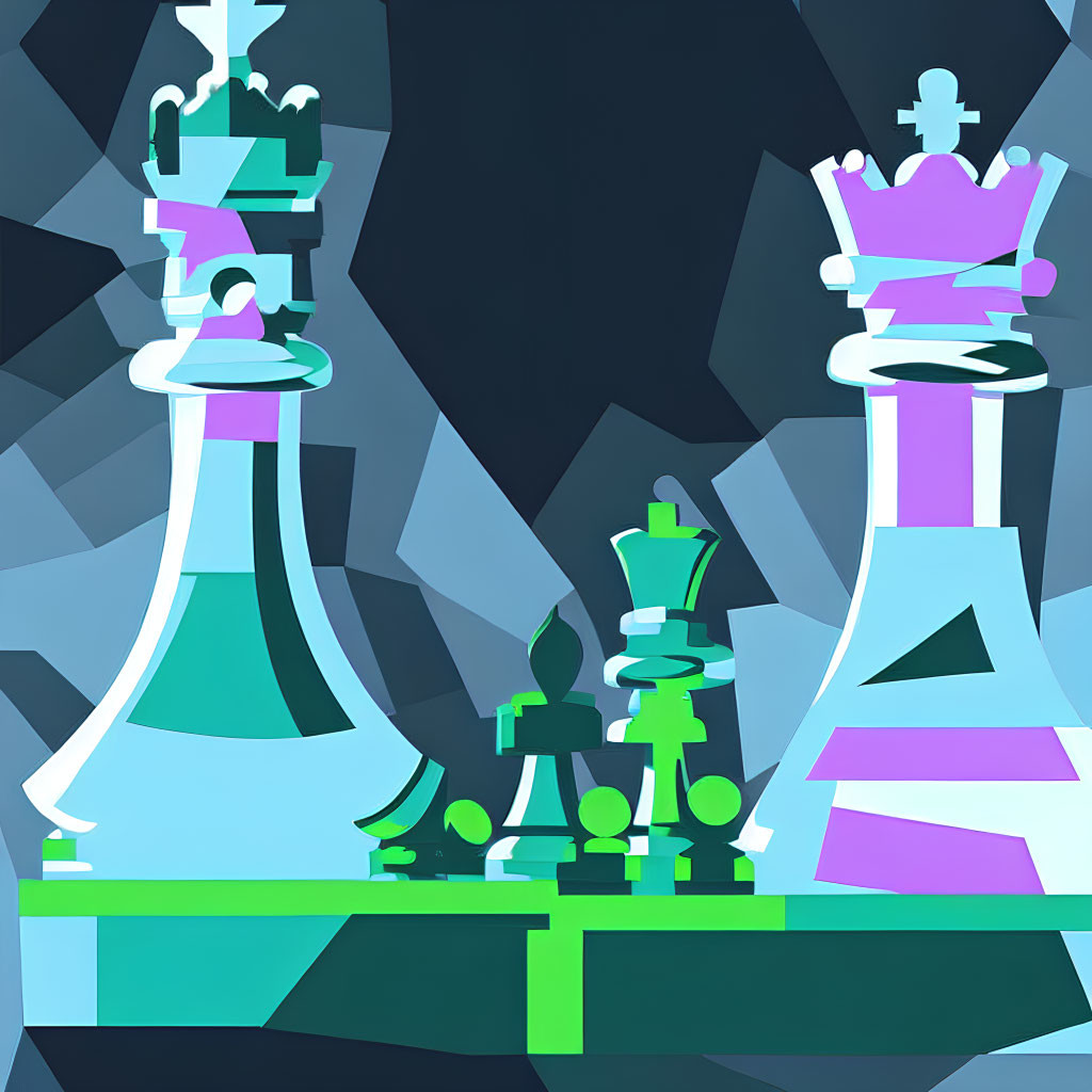 Stylized chess pieces on colorful geometric board