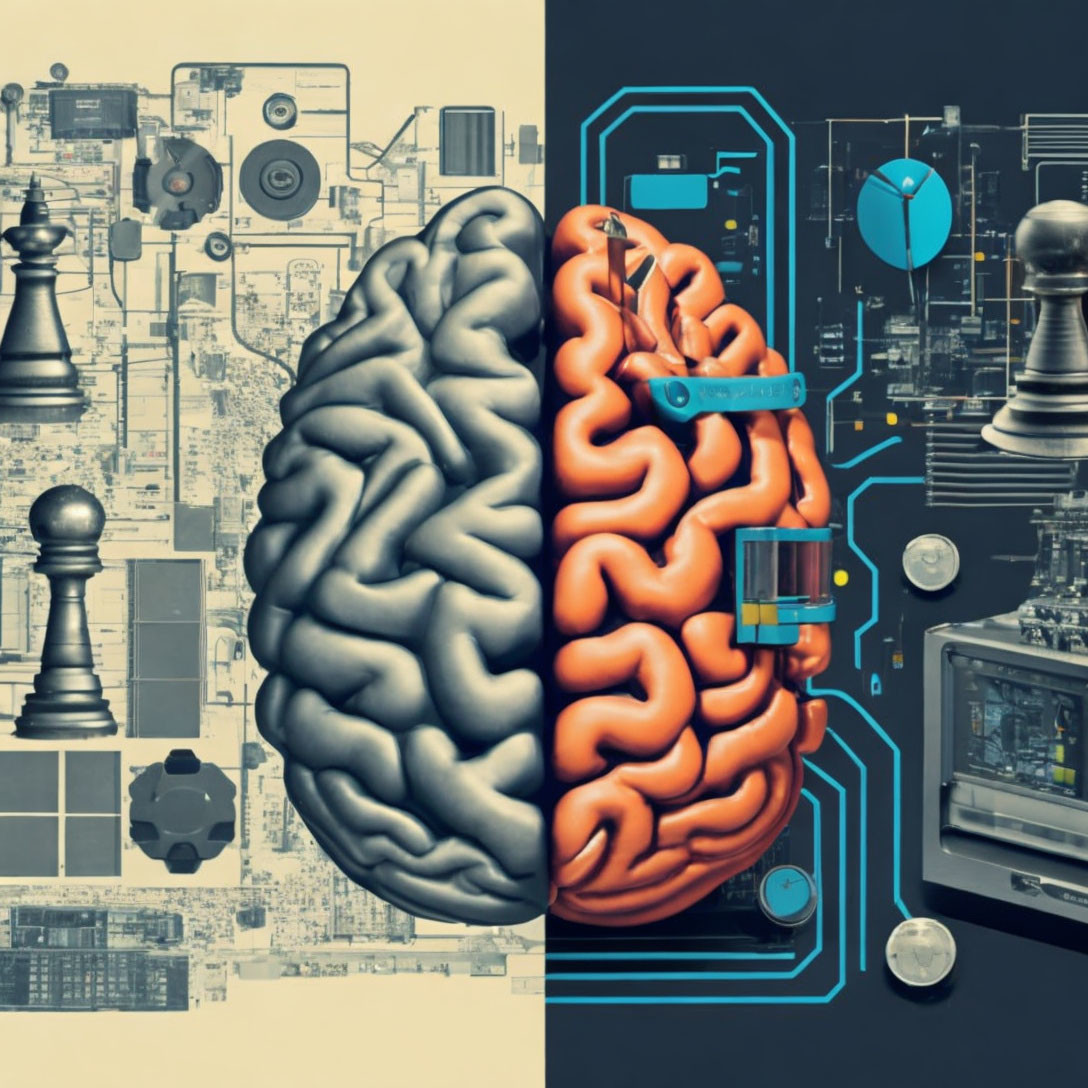 Digital image shows split human brain: grey mechanical parts on left, red tech-circuit design on right